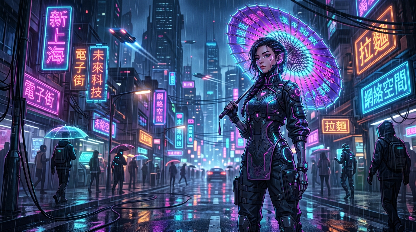 国潮霓虹未来城市与汉字排版 AI 插画