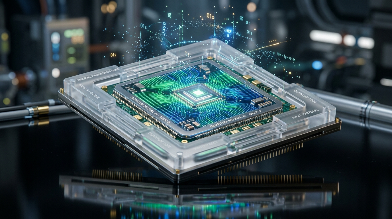 量子芯片微距与 3D 光线追踪 AI 渲染图